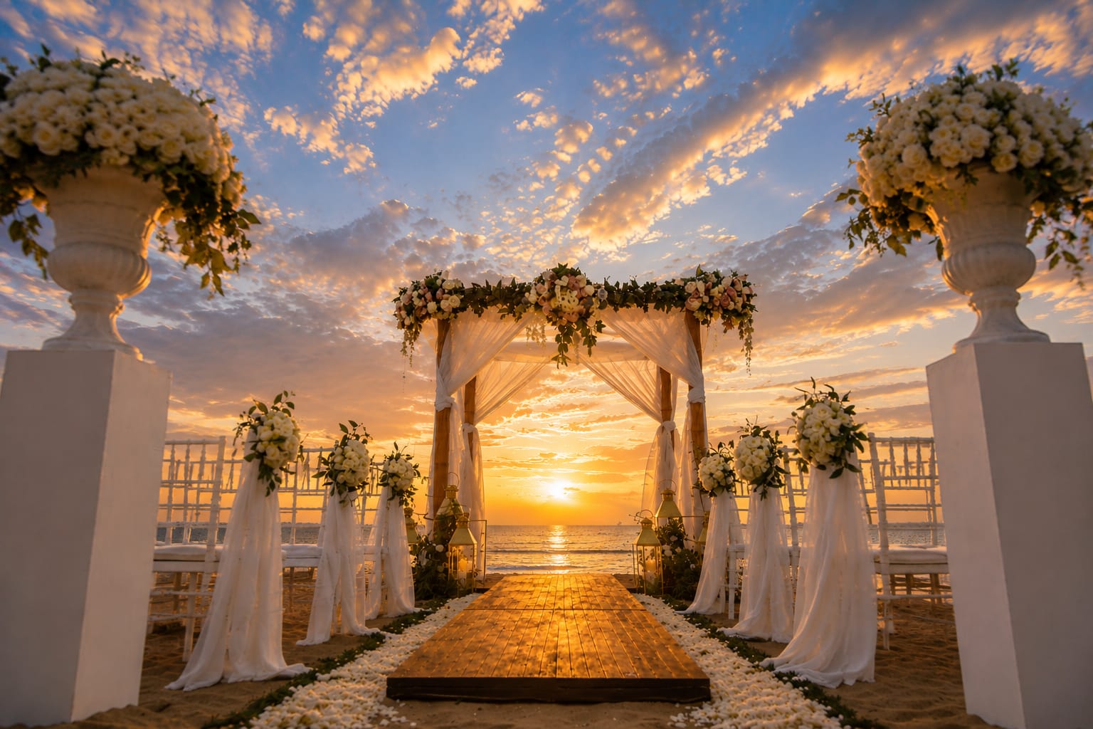 Sunset beach wedding ceremony with a floral arch, wooden aisle and golden light
