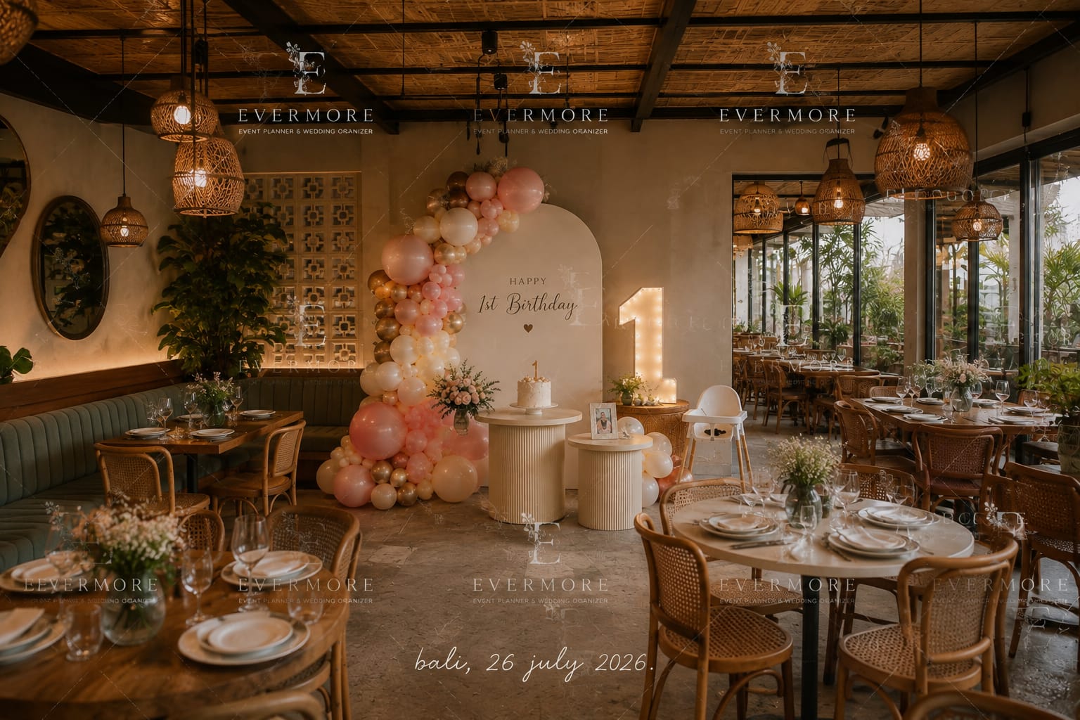 Styled celebration tables with cane chairs, florals and warm lighting