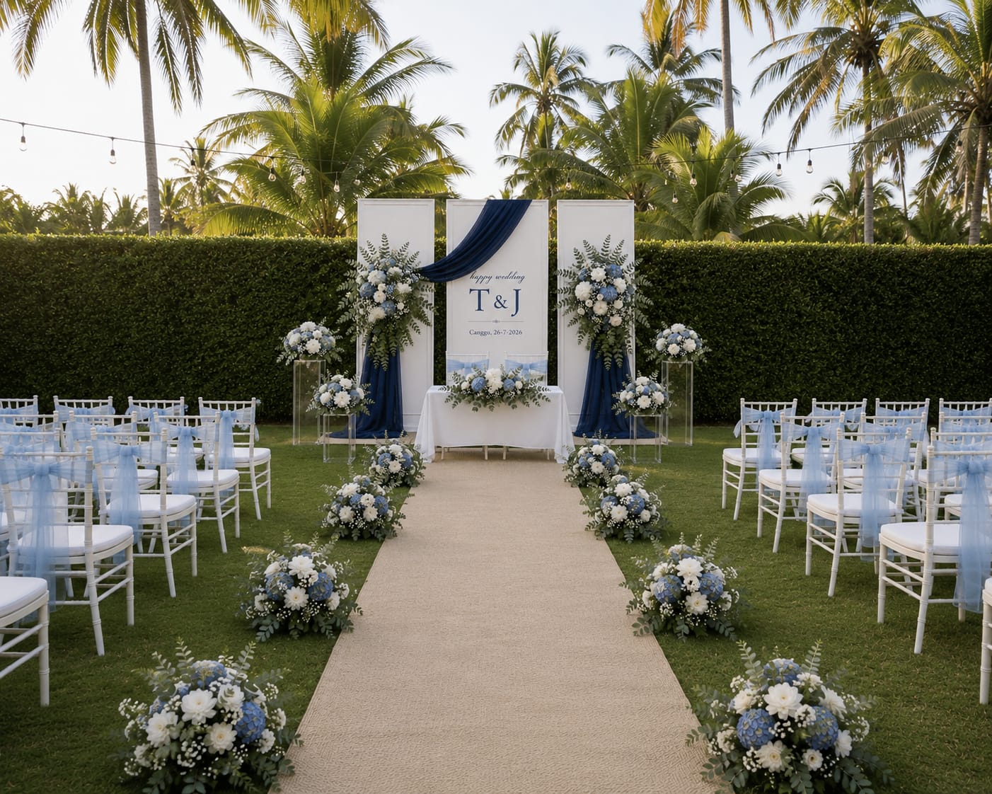Garden wedding venue in Canggu prepared with aisle florals and a ceremony backdrop