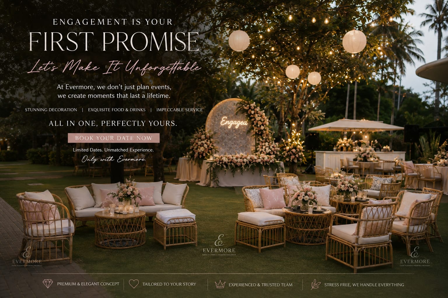 Evening garden lounge with lanterns, rattan seating and an engagement backdrop